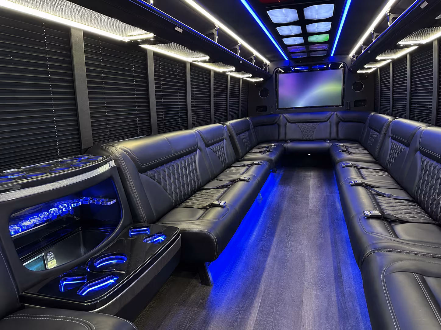 white plains 20 passenger party bus inside